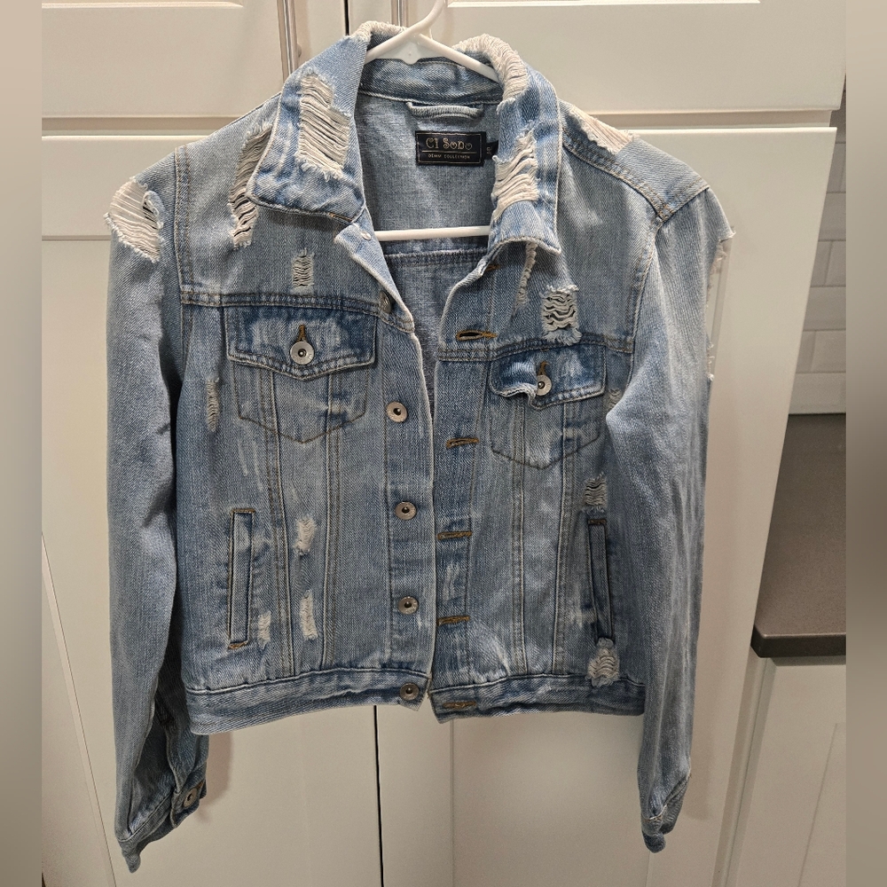 Ci Sono Sky Blue Distressed Denim Jacket